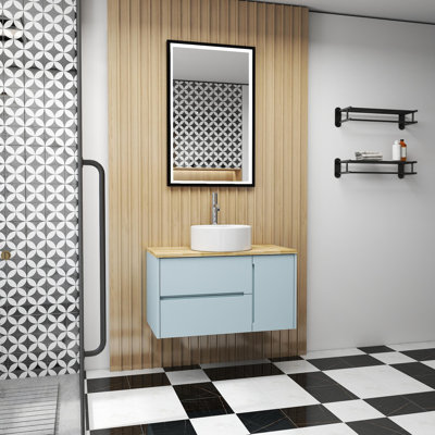 Meuble-lavabo mural 36 po à deux tiroirs et une porte, design minimaliste moderne en céramique, pour salle de bain