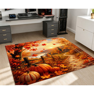 Tapis d'automne avec citrouilles et feuilles d'érable, motif automnal vibrant, toucher velours doux, antidérapant, décoration artistique pour salon, chambre, entrée, cuisine, appartement