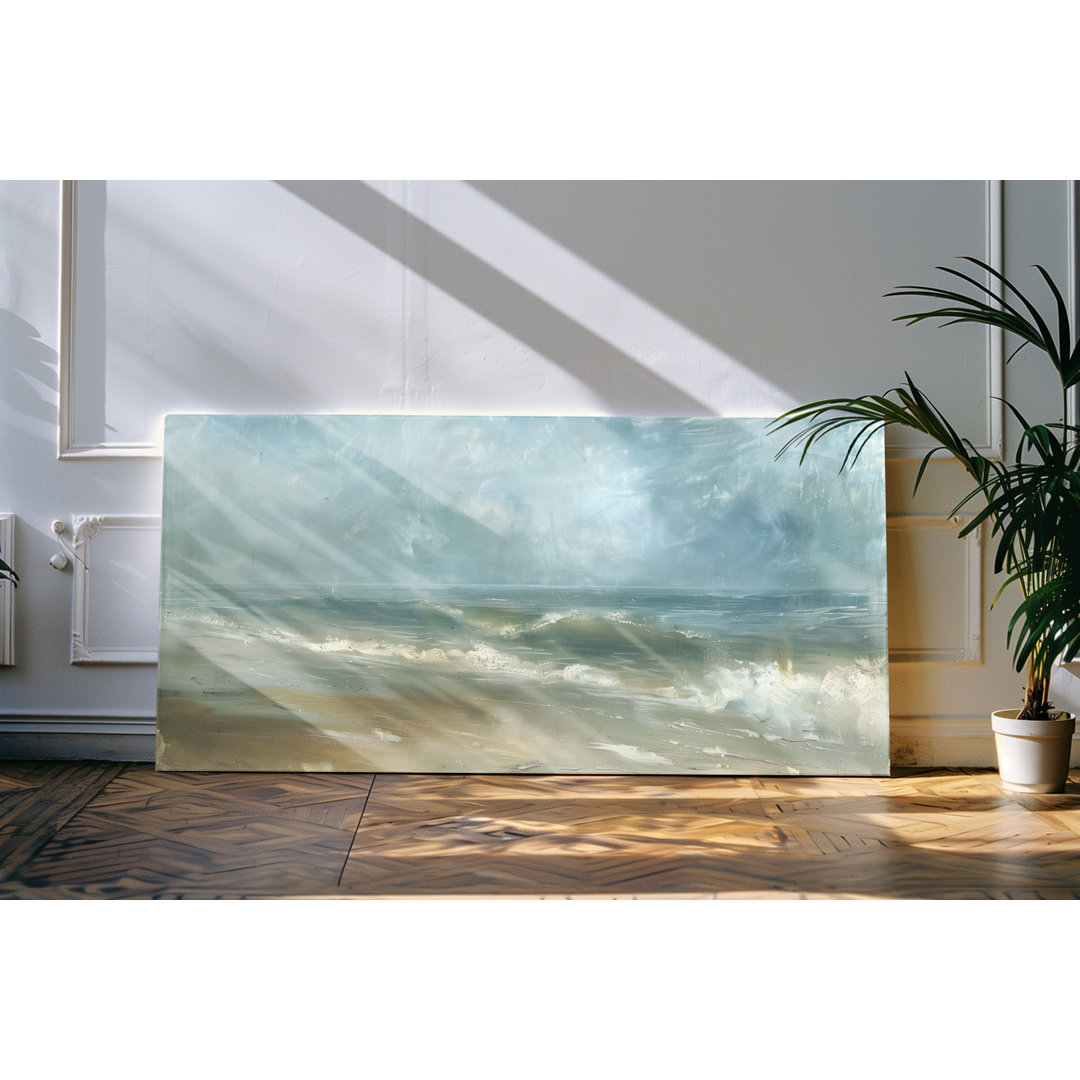 Leinwandbild gerahmt 120x60cm Ozean Meer Grau Wellen Kunstvoll Horizont