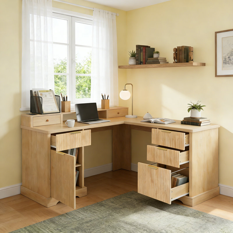 L-Shaped Desk with Charging Station And Monitor Stand, Brown