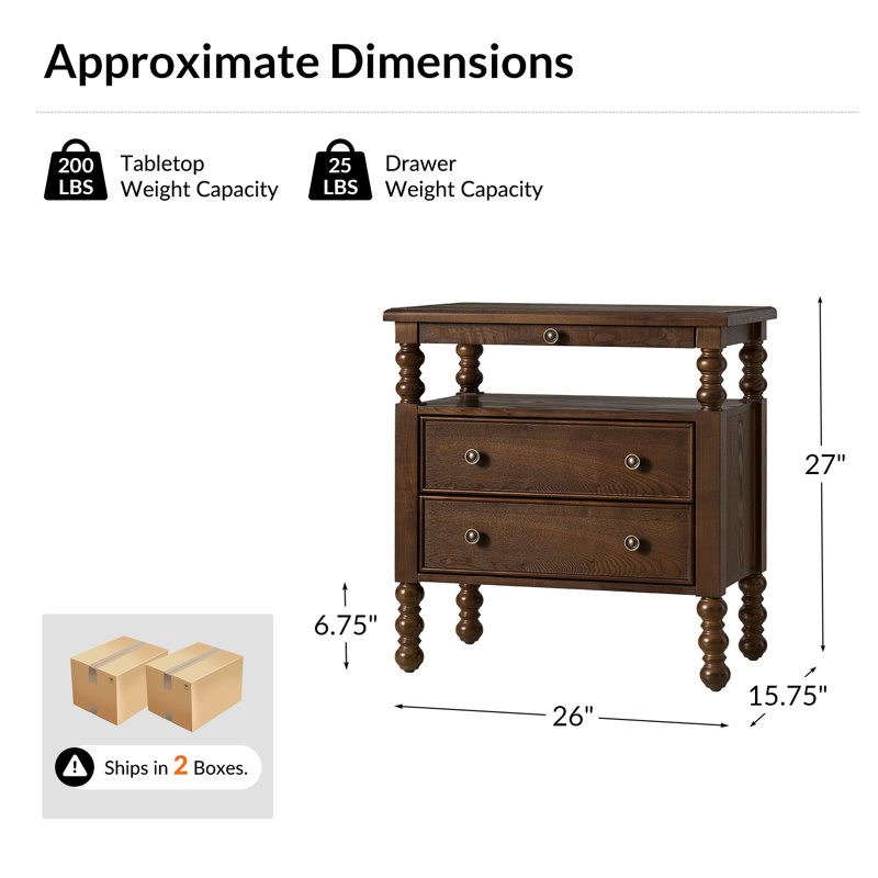 Aristidh Traditional 26"W 2-Drawer End Table with Charging Station and Pull-Out Shelf and Easy Assembly , Walnut