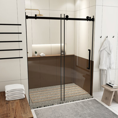 Porte de douche coulissante simple sans cadre de 56 à 60 po de largeur x 76 po de hauteur, verre trempé transparent de 1/4 po d'épaisseur, film antidéflagrant, rail tubulaire à poignée carrée en acier inoxydable, noir mat