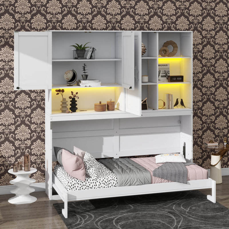 Lit escamotable simple de taille simple avec armoire murale, supports, lit pliant peu encombrant avec éclairage et ports USB