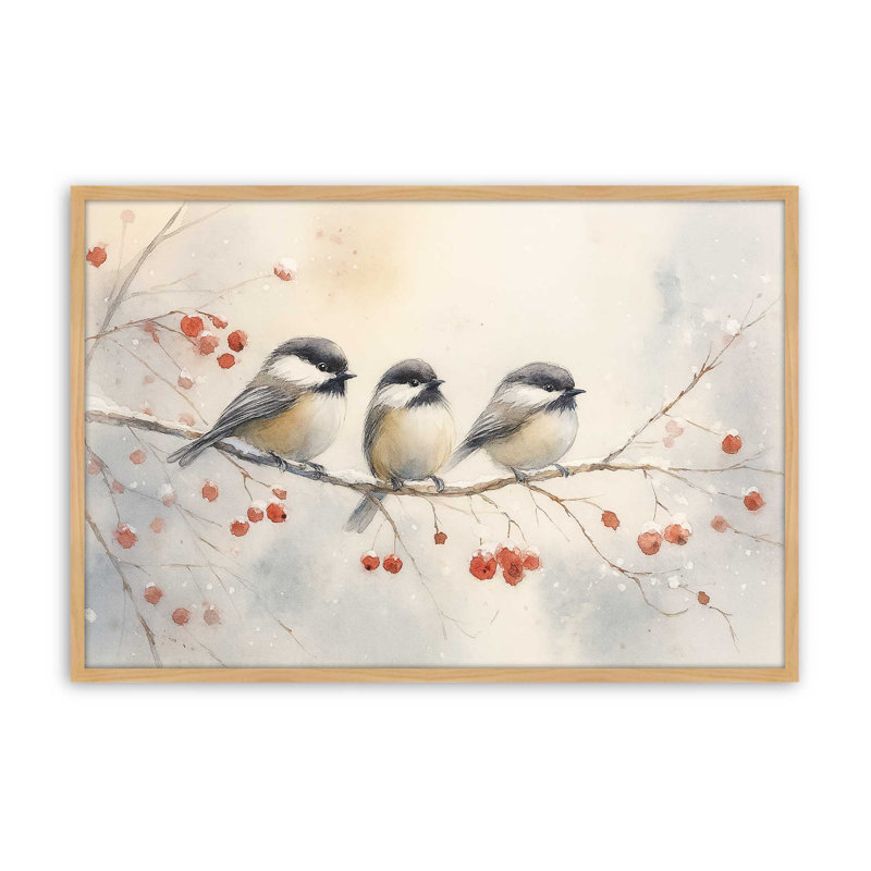 «Three Winter Songbirds», reproduction d'art, 24 po x 36 po, Érable américain