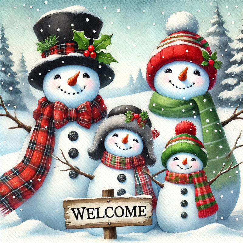 «Snowy Welcome: Delightful Snowman Family», art mural sur toile, H 20 po x l 20 po