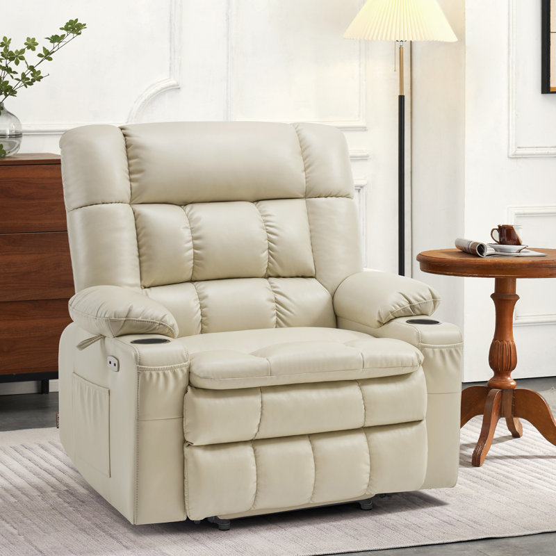 Small Dual Motor Power Recliner Lift Chair Infinite Position, Heat and Vibration Massage, Fabric, Cream White