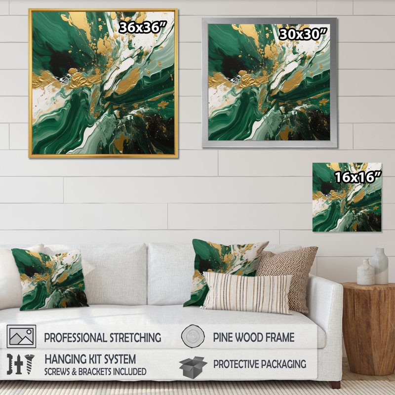 «Green and Gold», art mural abstrait sur toile, H 24 po x l 24 po, Noir, Reproduction avec cadre flottant