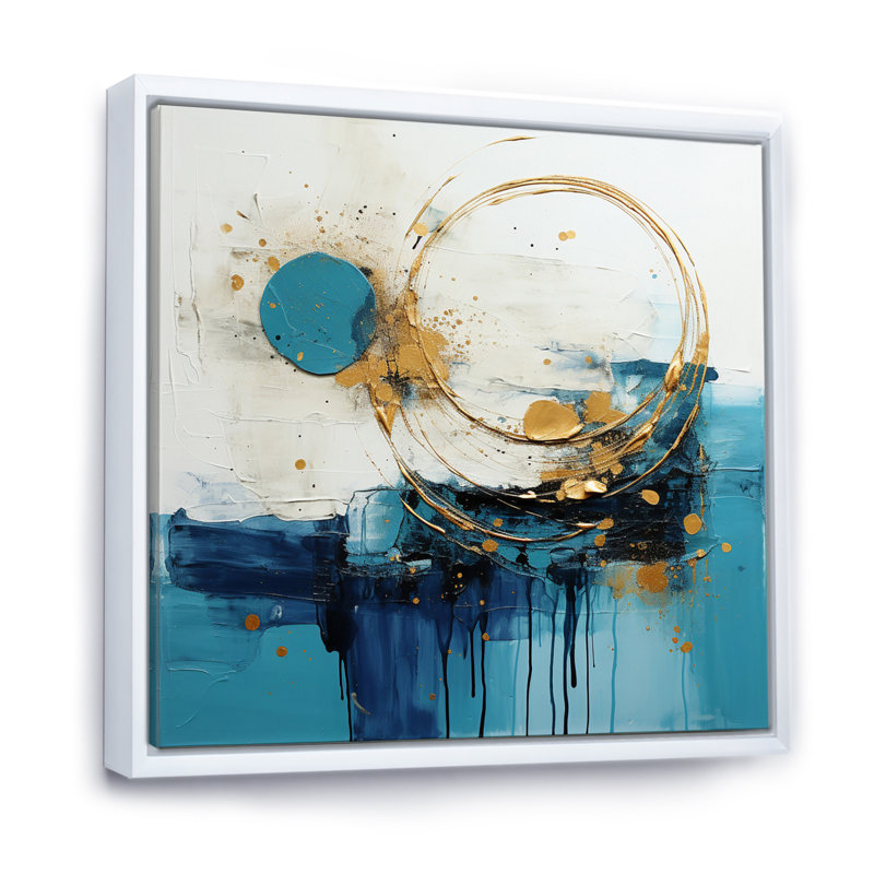 Céleste délice abstrait en turquoise et or I - reproduction d'art sur toile, H 16 po x l 16 po, Cadre flottant blanc