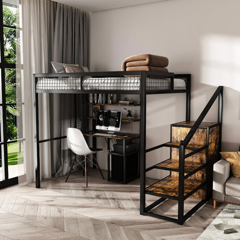 Lit mezzanine multi-usages avec tablette d'escalier, prises de courant et métal, pour zones de travail, bureau noir, tablettes, vis robustes, espaces compacts,