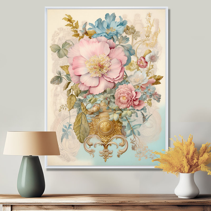 Art mural rétro avec fleurs squelettes roses - autres plantes et fleurs, Cadre flottant blanc, bois massif, H 44 po x l 34 po