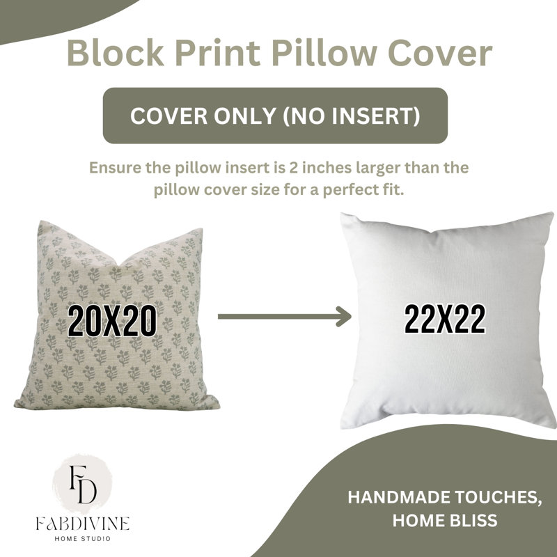 Fabdivine Decorative Pillow Cover Handmade Pudina Block Print Cushion for Sofa & Bed, Square 20", Green Block Print/Floral