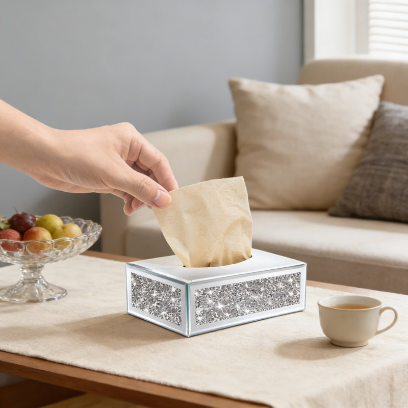 Couvercle de boîte à mouchoirs en miroir avec accents en diamant écrasé en cristal, porte-papier-mouchoir de luxe pour salle de bain ou table, tirette lisse pour mouchoirs standard