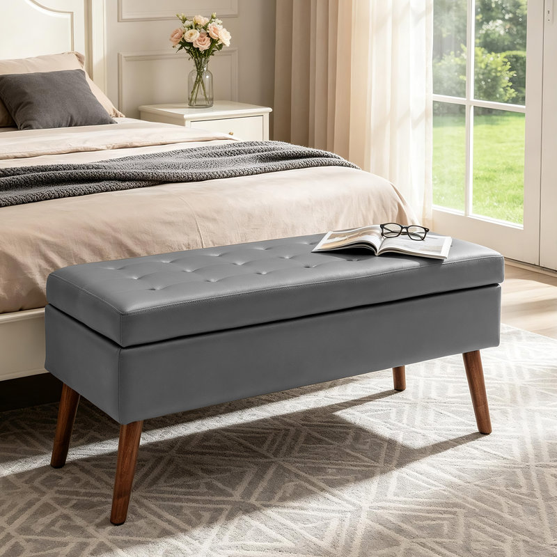 Banc de rangement avec accoudoirs 43,3 po avec pieds en bois, Gris, Brun