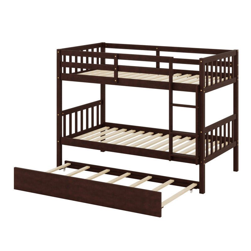Lit superposé en bois d'hévéa avec lit gigogne, échelle et garde-corps, Espresso