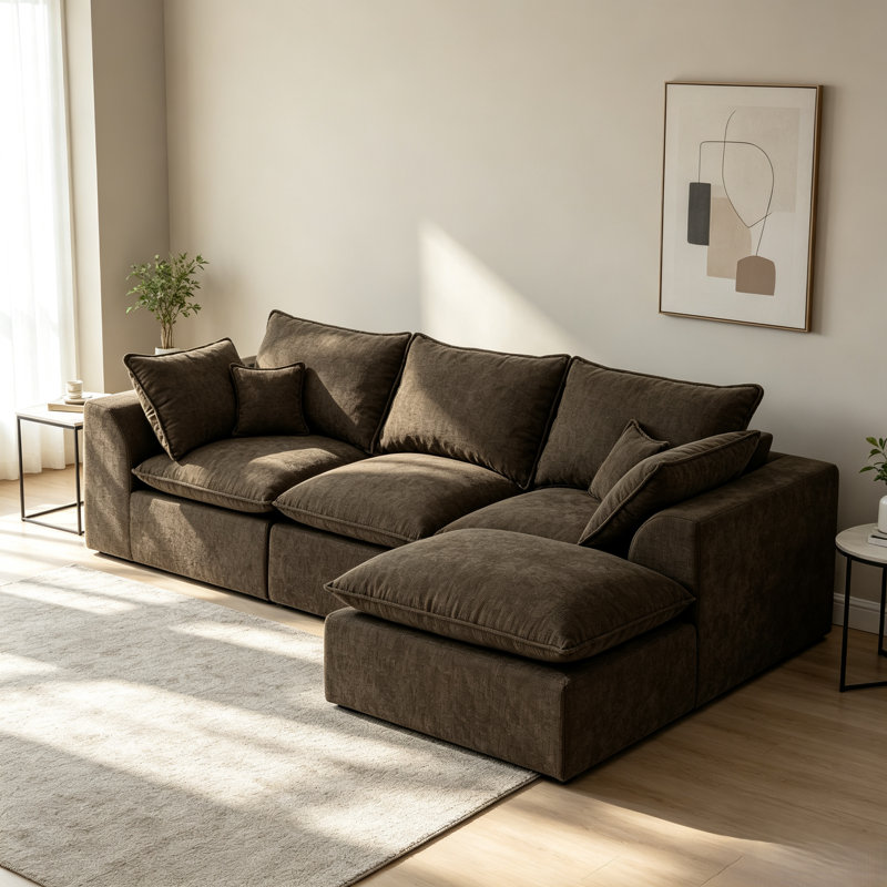 Canapé modulaire en forme de L Cloud, canapé modulaire en forme de L 3 places avec 1 repose-pieds mobile à assise profonde et sans assemblage, brun