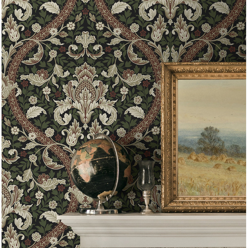 Papier peint adhésif Acanthus Ogee, Noir / Rouge