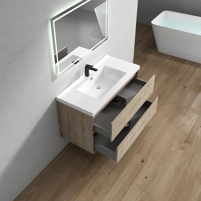 Ensemble de meuble-lavabo simple mural 42 po Seavy, Chêne blanc clair
