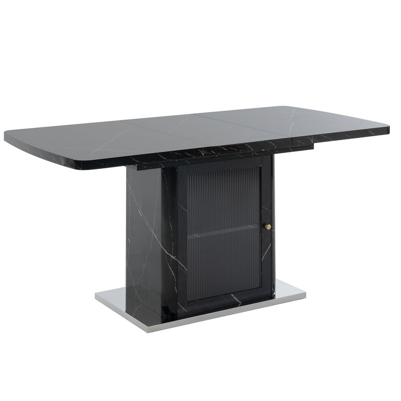 Table de salle à manger rectangulaire moderne de 47,24 à 63 po, extensible, avec plateau de table en marbre noir imprimé et pieds de table de rangement avec base en métal