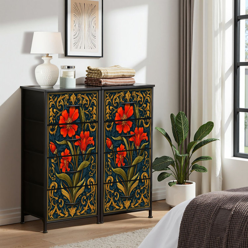 Commode 4 tiroirs pour chambre à coucher, commode étroite, plateau en bois et structure en fer de travail 18 po x 37,5 po - (l x H)