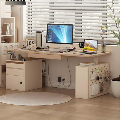 Bureau ajustable 47,24 po moderne de style crème avec armoires latérales