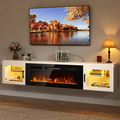 70" Floating Fireplace Tv Stand With 36" Electric Fireplace, Led Light Entertainment Center With Storage, Wall Mounted Media Tv Console With Glass Door For Living Room