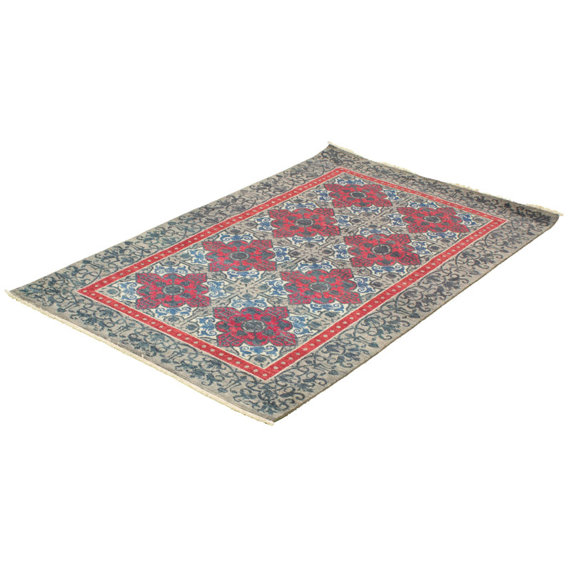 Tapis unique gris / rouge en laine noué à la main de style années 2010 de 5 pi 1 po x 8 pi 3 po Nansi
