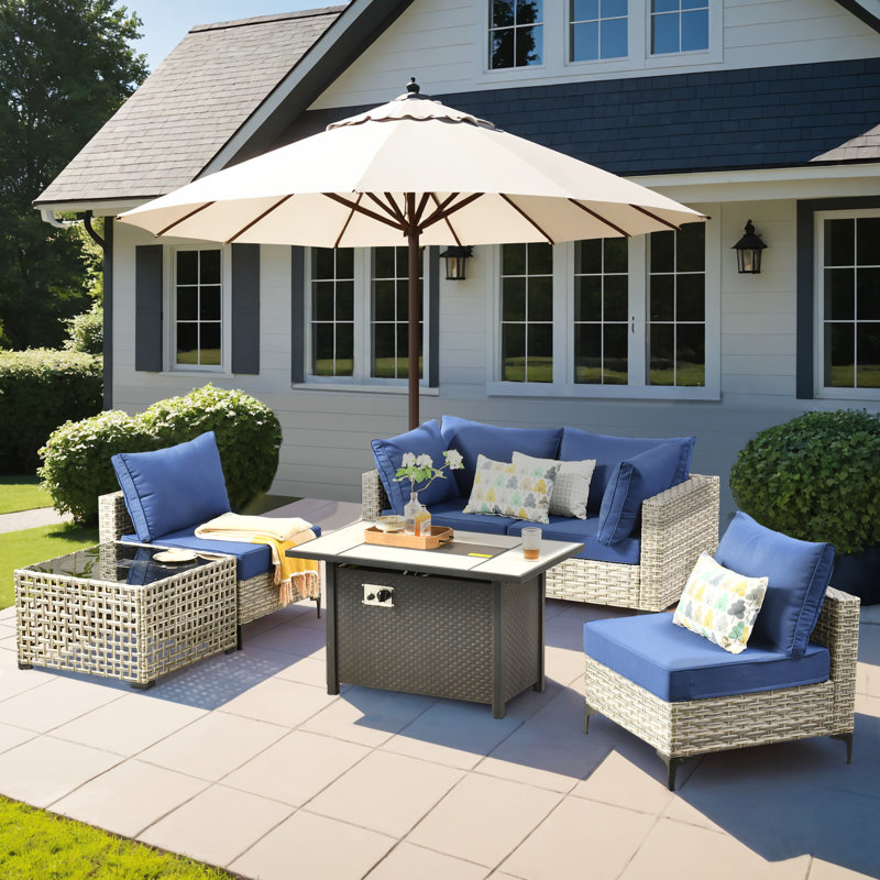 6- Piece Outdoor Patio Furniture Set with Fire Pit Table, All - Weather Wicker, Thick Padded Cushions, Sectional Sofa & Chairs for Garden, Backyard & Patio