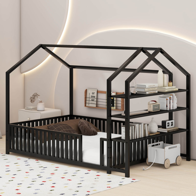 Metal House Bed With Detachable Shelves, Full