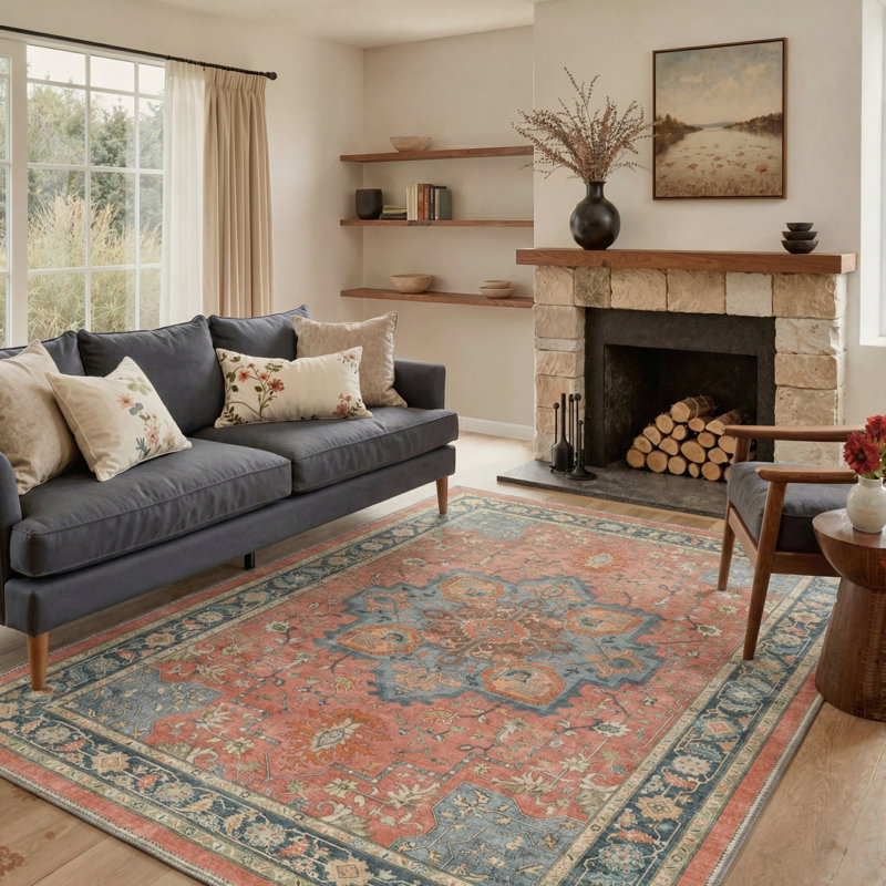 Roehit Oriental Performance Rust / Navy 8'x 10' Area Rug, Machine Washable, Rectangle 8'x 10'