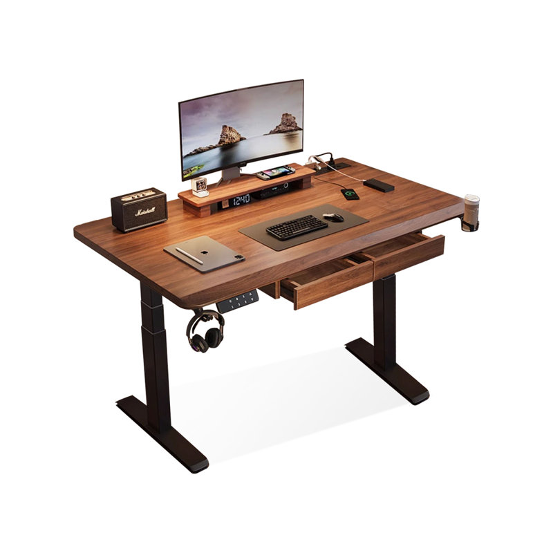 Black Walnut Color + Black Rectangular Hight adjustable Solid Wood + Carbon Steel with 2 drawers desk