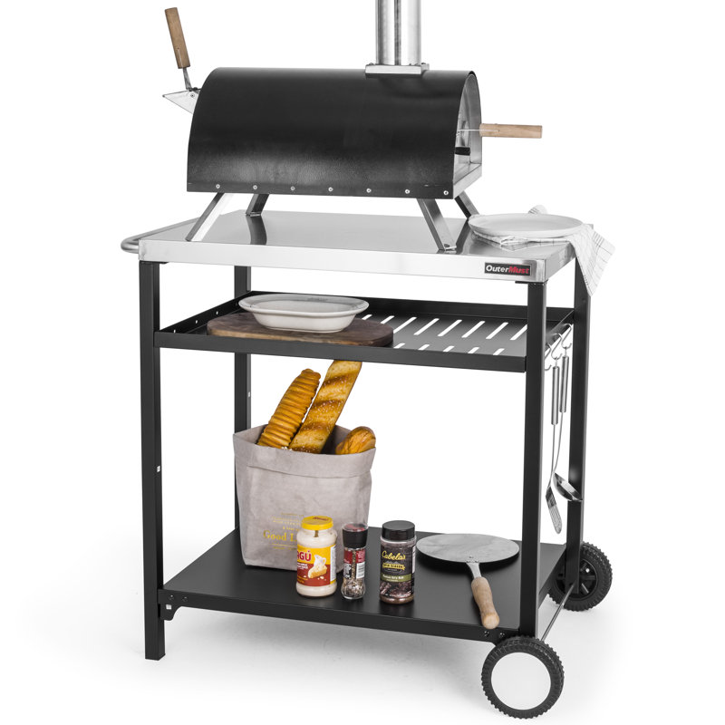 Silver and Black Steel Outdoor Grill Cart with Shelves