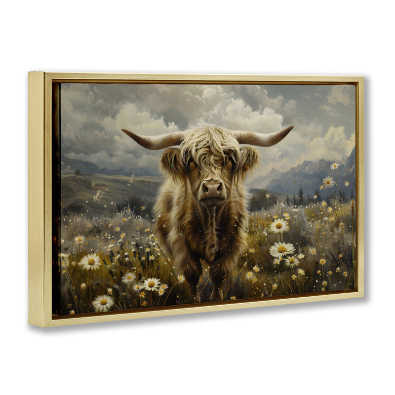  Cattle in Daisy Field Canvas by LSR Design Studio, 21" H x 31" W, Metallic Gold Floater Frame