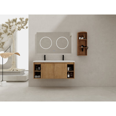 Meuble-lavabo mural double moderne en contreplaqué pour un rangement élégant dans la salle de bain