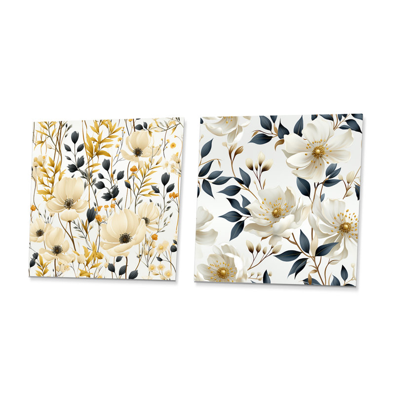 «Minimalist Neutral White Botanics», ensemble de 2 reproductions d'art florales sur métal, H 16 po x l 32 po