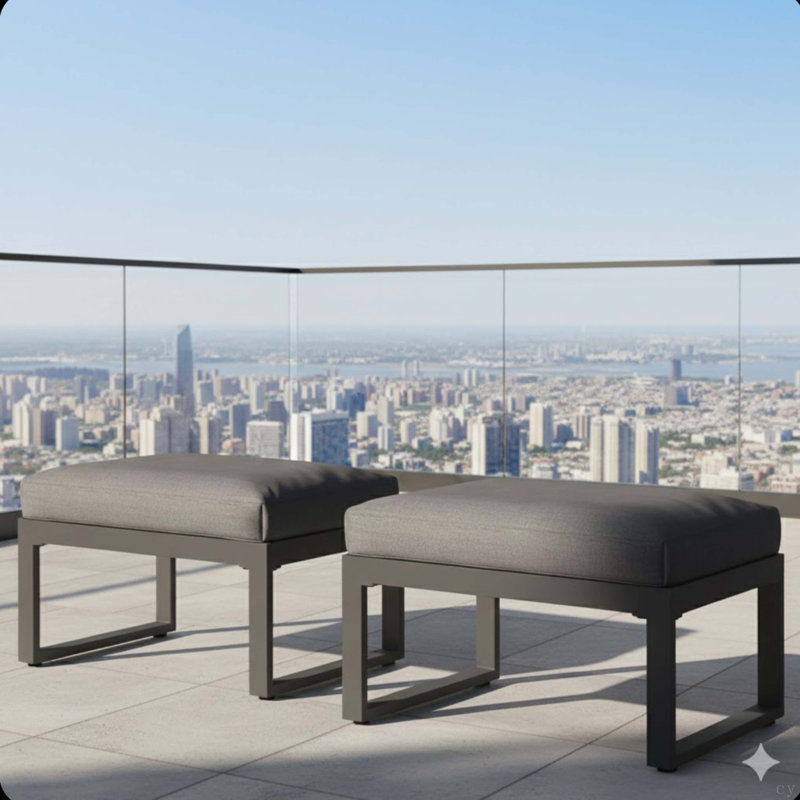 Set Of 2 26" All-Weather Aluminum Patio Ottomans Footrests With Thick Gray Cushions, Gray