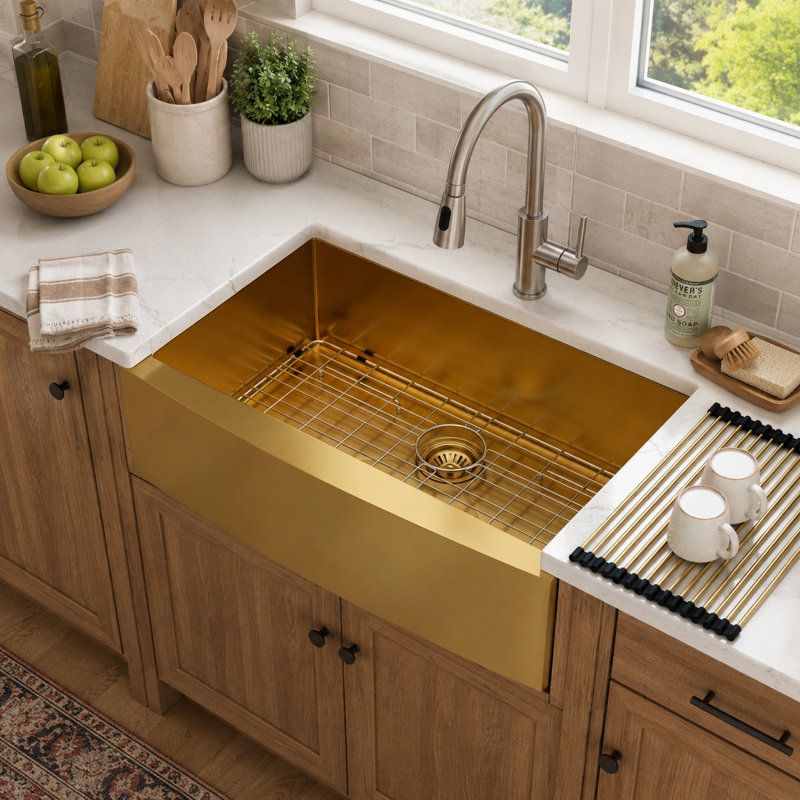Farmhouse Stainless Steel Single Bowl Kitchen Sink with Sink Grid, Strainer and Roll-up Rack, Gold, 33" L x 21" W