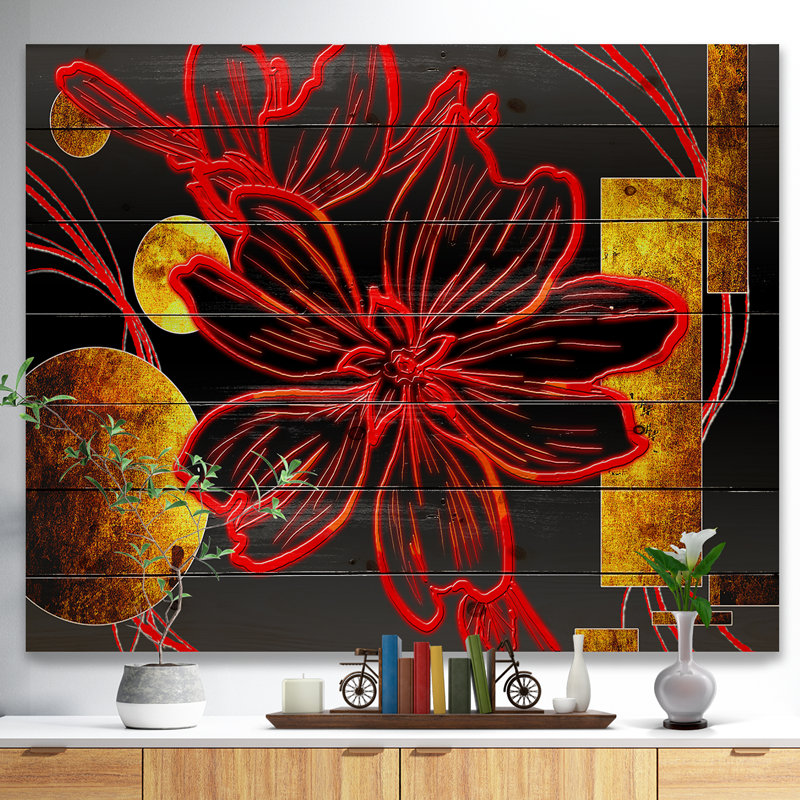 Peinture abstraite fleur rouge - peinture sur bois sans cadre, H 16 po x l 32 po x P 1 po