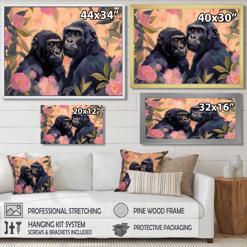 «Black», gorilles, fleurs, jungle, amour, art mural Gorillawall, Cadre flottant brun, H 34 po x l 44 po