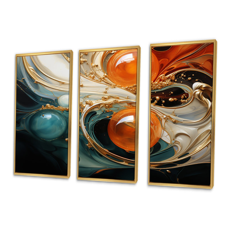 Planète vagues orange et or II - art mural abstrait, Cadre flottant doré, H 32 po x l 48 po x P 1 po