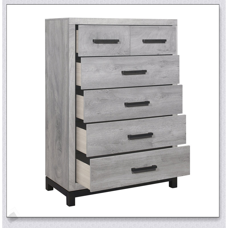Commode de chambre à coucher deux tons à finition grise 1 pièce avec 5 tiroirs spacieux, alliant style moderne et rangement pratique