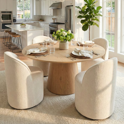 4 - Person Dining Table Sets With 52'' Solid Round Table & 4 Upholstered Chenille Swivel Chairs