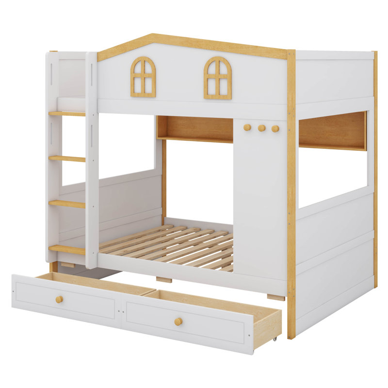 Lit superposé de style maisonnette avec tiroirs, lit superposé en bois avec supports de rangement intégrés et échelle pour jouer