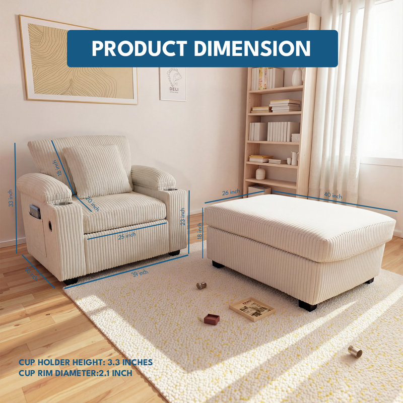 39'' Width Corduroy  Accent Chair with Ottoman, Lounge Chair With Armrests and Throw Pillows, Beige