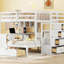 Lit superposé double au-dessus de simple avec bureau, tiroirs et tablettes pour un espace de vie compact et organisé, blanc