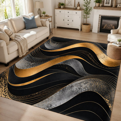 Tapis d'intérieur moderne à motif vague abstraite (1 pièce), or métallisé et noir, lavable, facile d'entretien, grand format et mince, avec dos antidérapant. Parfait pour le salon, la chambre à coucher, la cuisine ou le bureau.