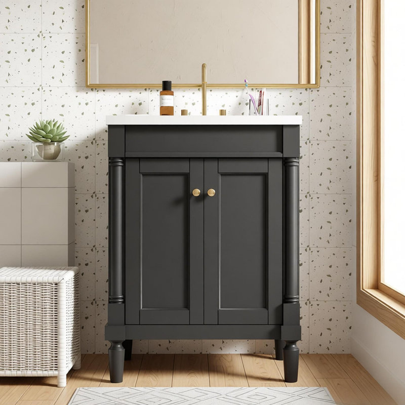 24'' Bathroom Vanity with Top Sink, 2-Tier Modern Bathroom Storage Cabinet, Single Sink Bathroom Vanity, Large Storage Shelves
