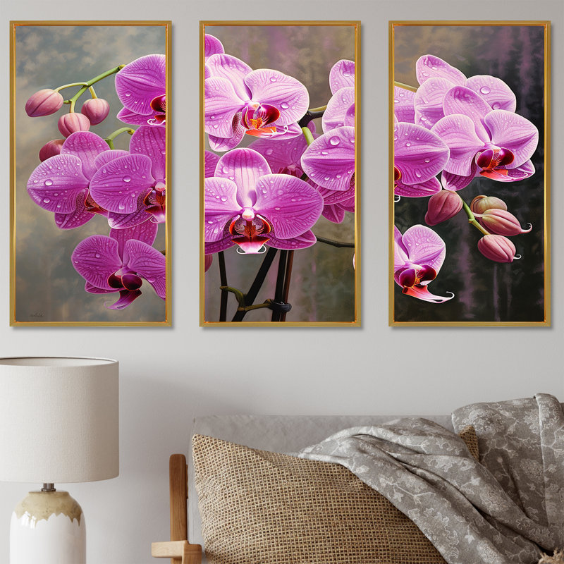 «Pink Orchids Oasis I», ensemble de reproductions d'art mural orchidées, Cadre flottant doré, H 40 po x l 60 po x P 1 po