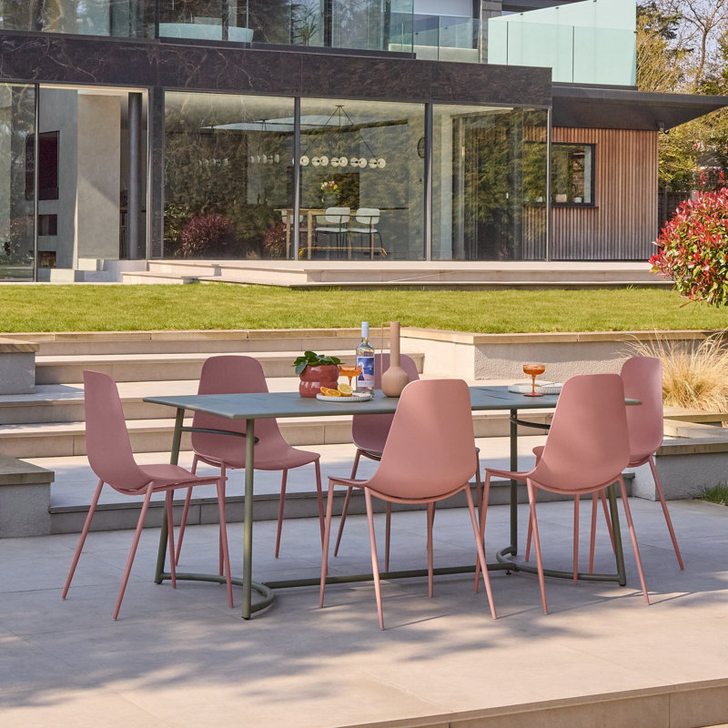 6 Seater Metal Garden Dining Set Chairs , Green/Pink