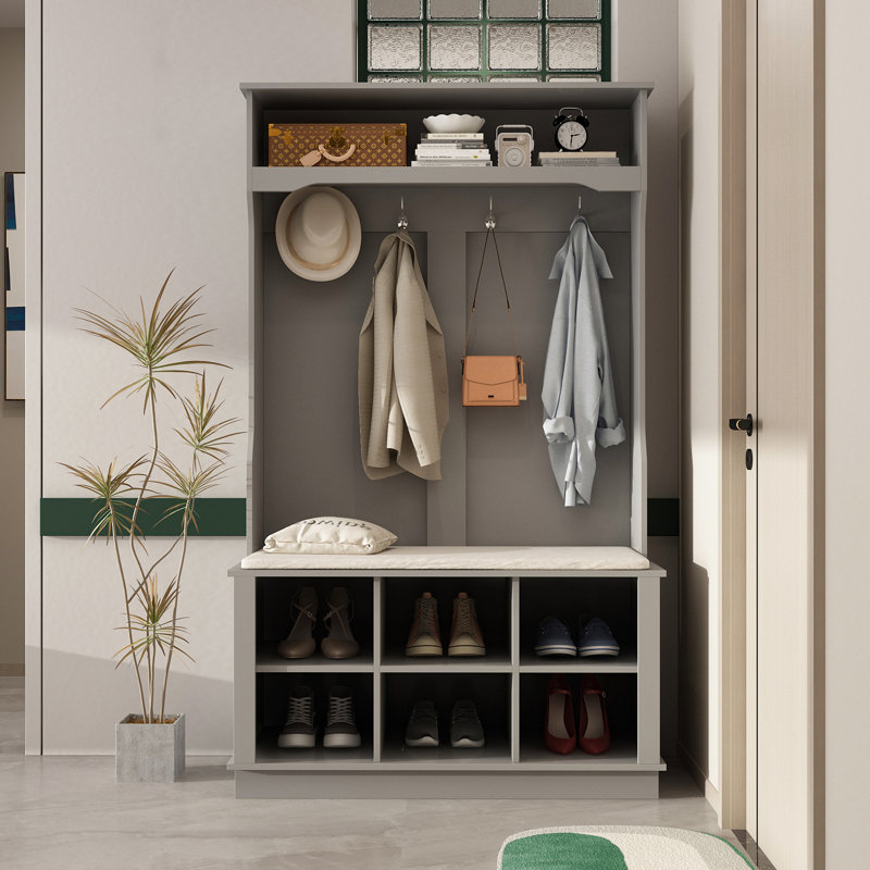 39.8 " Wide Hall Tree with Shoe Storage and Shelves, Gray
