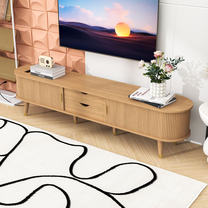 Meuble télé cannelé avec station de charge, portes coulissantes Tambour et 2 tiroirs pour téléviseurs de 80 po ou moins